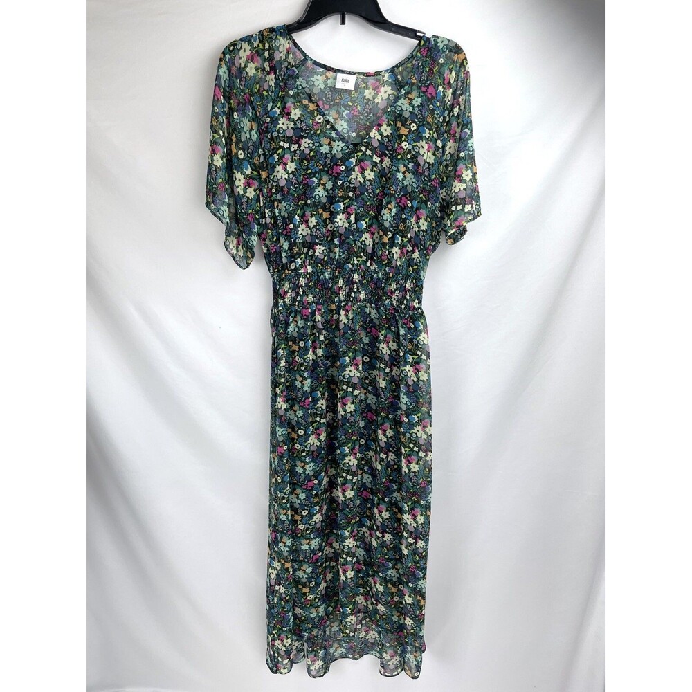Cabi‎ SMALL Green Semi-Sheer Fiesta Floral Dress 5386 Short Sleeves Long Cami